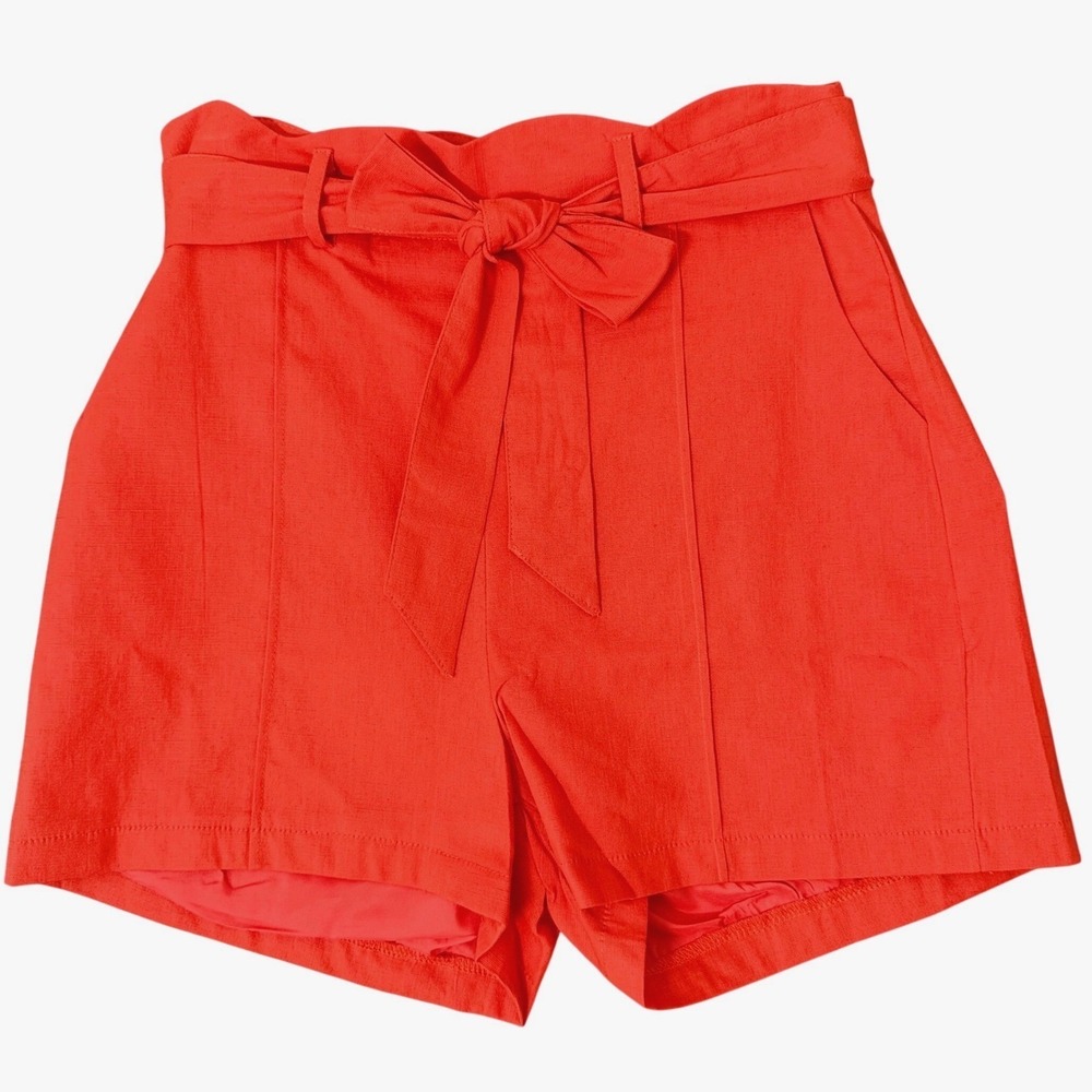Tomato Red Scalloped Paperbag Waist Tie Belt Shorts (S) High Rise Pleated Resort